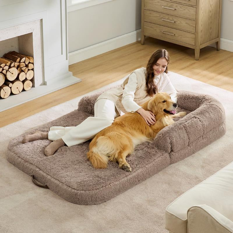 Bedsure Foldable Human Dog Bed-2 in 1 Calming Human Size Giant Dog Bed Fits Pet Families with Egg Foam Supportive Mat and Waterproof Liner