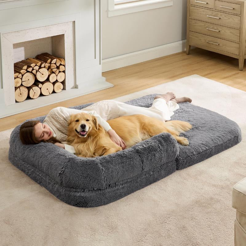 Bedsure Foldable Human Dog Bed-2 in 1 Calming Human Size Giant Dog Bed Fits Pet Families with Egg Foam Supportive Mat and Waterproof Liner